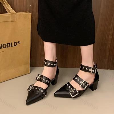 Women Sandals Shoes  Spring New High Heels Pointed Toe Ankle Buckle Party Retro Fashion Ladies Sandals Shoes Zapatos Muje