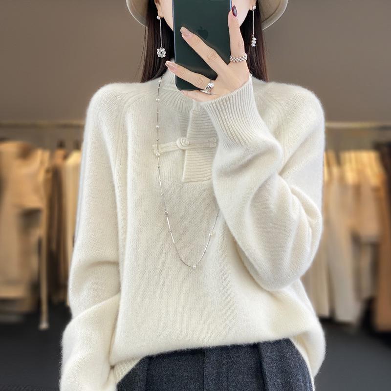 Women's Slimming Wool Sweater - Chinese Style Button-Up, Half-High Collar, Long Sleeve Pullover for Autumn/Winter