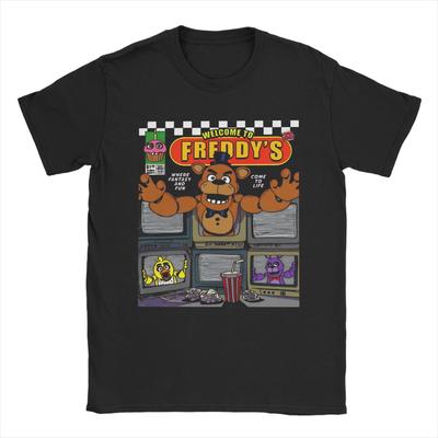 Welcome To T Shirts for Men Pure Cotton Vintage TShirt Crew Neck FNAF At Freddys Tee Shirt Short Sleeve Clothes Big Size