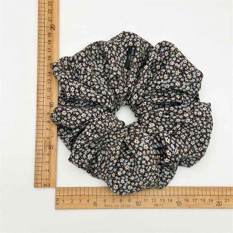 French Vintage Floral Print Hair Scrunchies Oversized Ruched Ponytail Holder Pastoral Style Elastic Hair Ties For Thick Hair