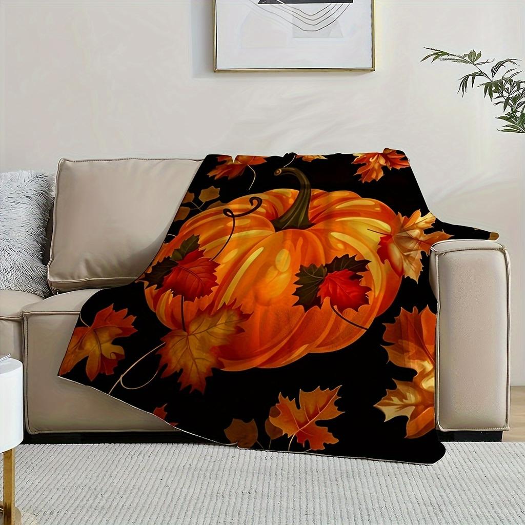 Cozy Pumpkin & Maple Leaf Flannel Throw Blanket - Perfect for Halloween & Thanksgiving, Versatile for Couch, Bed, Office