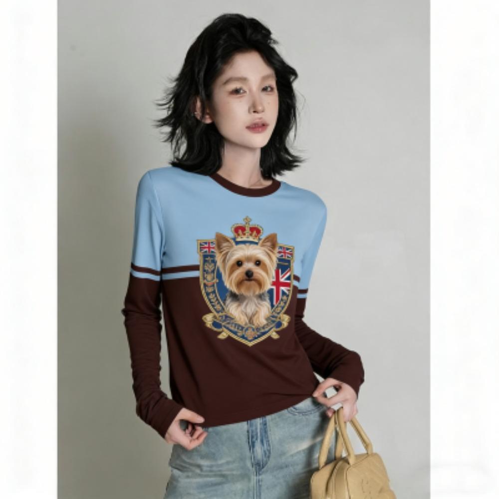 Europe America Fashion Animal Dog Print Women's T-shirt Casual Pullover Women Long Sleeve Clothing Outdoor Street Tees Top