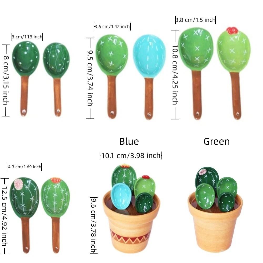 Ceramic Measuring Spoons Set with Base Baking Spoons Flower Pot Cactus Ornament Powder Scoop