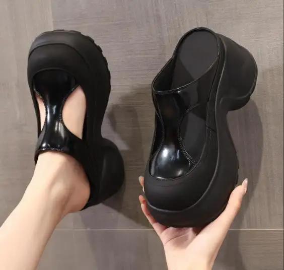 Fashion 9CM Synthetic Microfiber Leather Women Sandals Summer Hollow Bling Vulcanize Slipper Platform Wedge Flats Chunky Sneakers Shoes