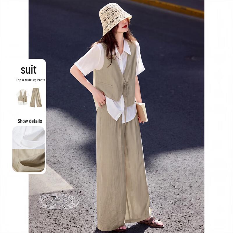 Women s Casual Faux Two-Piece Shirt & Wide-Leg Pants Set S хаки