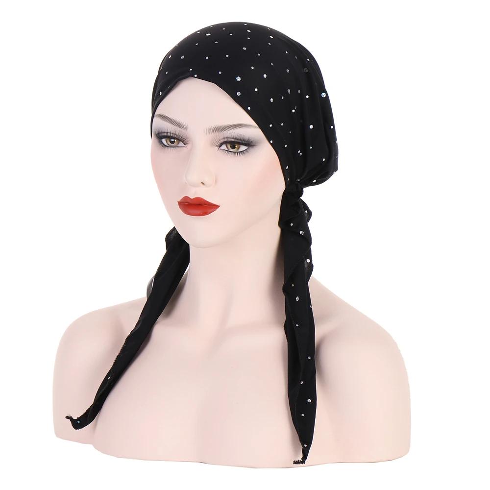 New Muslim Inner Hijab Turban Women Pre-Tied Cap Long Tail Headscarf Wrap Beanies Bonnet Head Scarf Stretch Headwear Ninja Hat