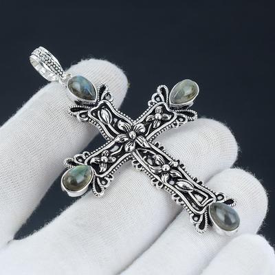 Labradorite Gemstone Pendant Labradorite Natural Gemstone Handmade 925 Sterling Silver Cross Pendant For Gifts Pendant For Her,Women Jewelry
