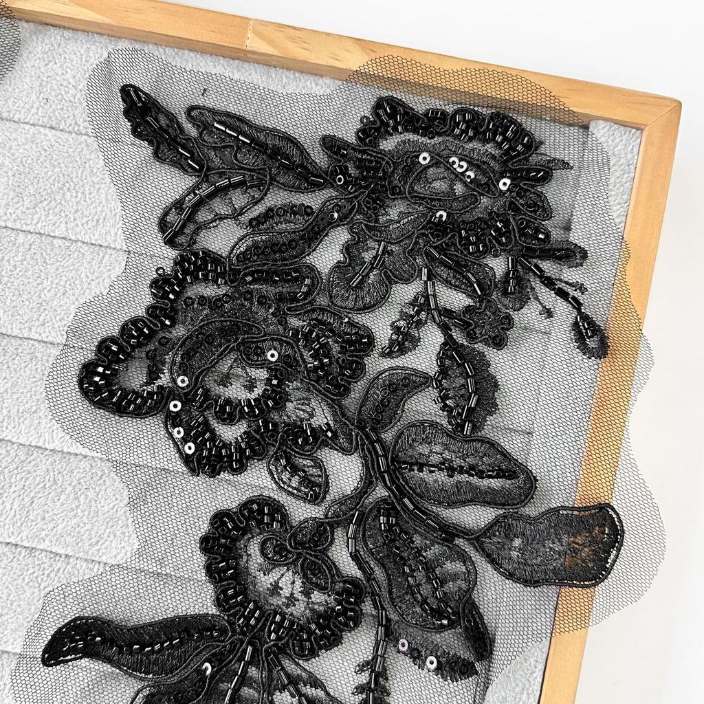 Black And White Beads Embroidery Sequins Embroidery Cloth Stickers Hand Wedding Dress Evening Dress Bone Line Flower Decoration Decal Accessories