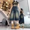 Women's High Waist Vintage Washed Wide Leg Bermuda Shorts Loose Straight Denim Capri Pants Streetwear Calf Length Trousers