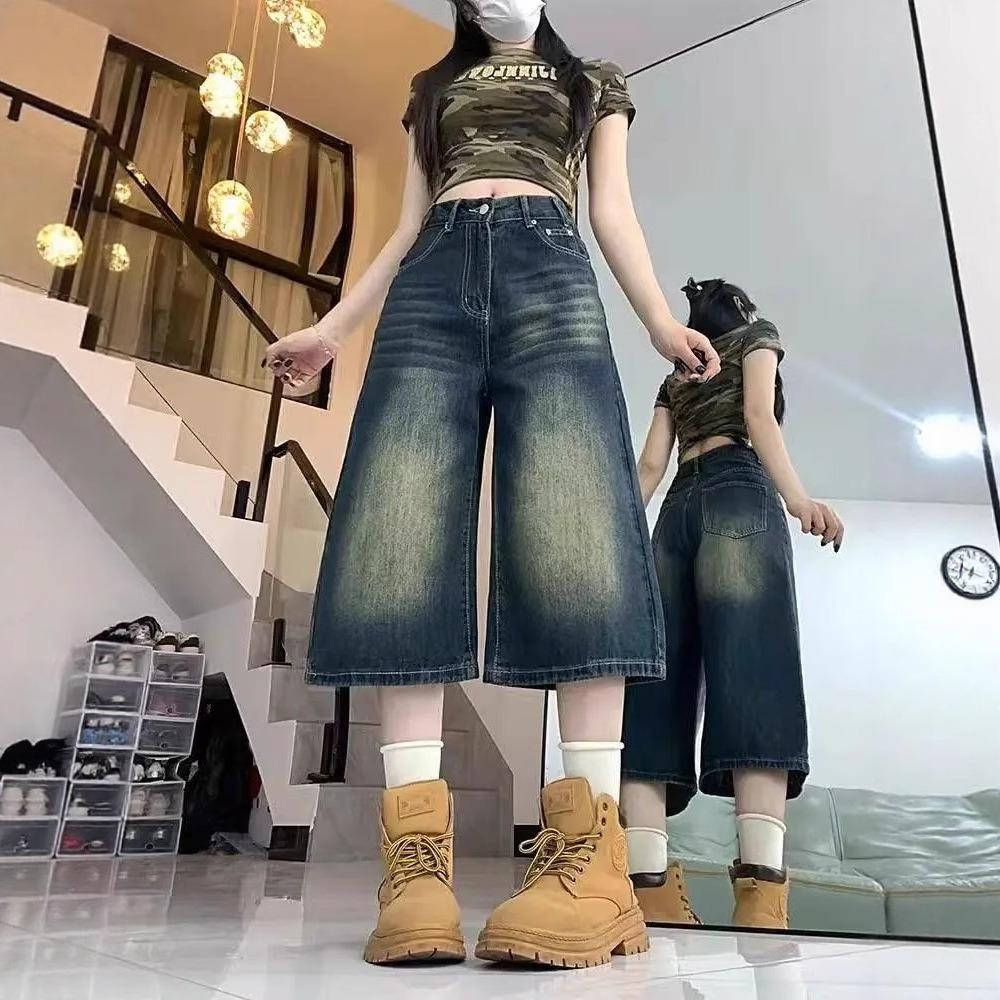 Women's High Waist Vintage Washed Wide Leg Bermuda Shorts Loose Straight Denim Capri Pants Streetwear Calf Length Trousers