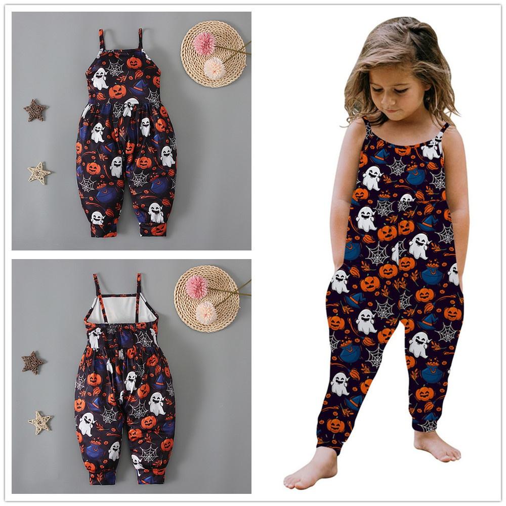 Halloween Pumpkin Skull Bat Cat Baby Kids Spaghetti Straps Romper Jumpsuit Children Clothes for 1-6 Years