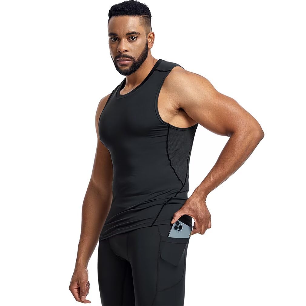 HedingRed Sleeveless Compression Tank Breathable and Sports Undershirt for Training and Men's Top, Quick-Drying Fitness, HR1981blk-M
