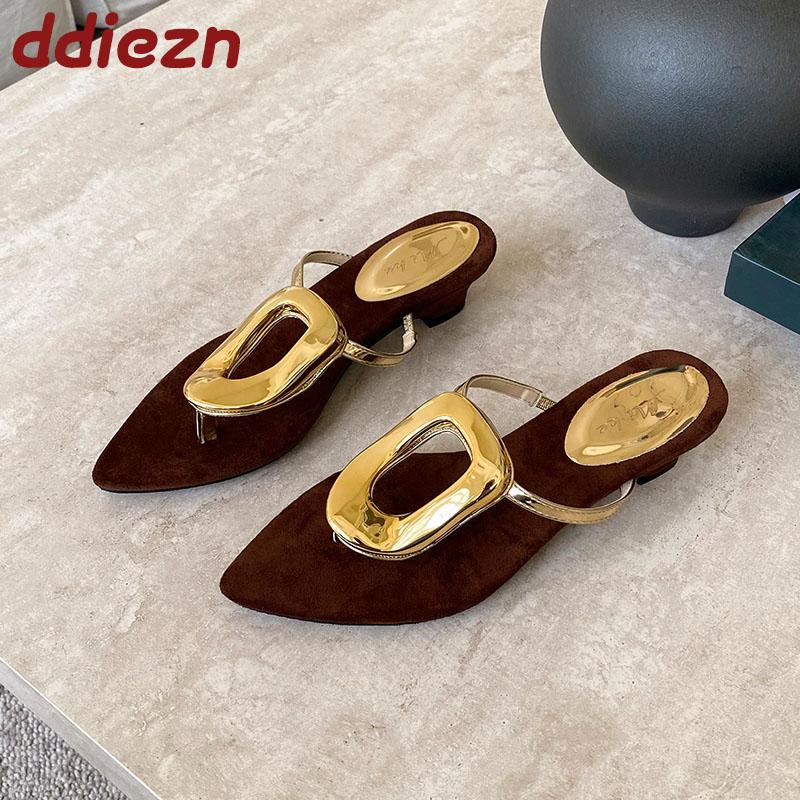 Fashion Fashion Metal Ladies Low Heel Slippers Shoes Summer Beach Luxury Female Flip Flops Women Heeled Slippers Slides Sandals Shoes