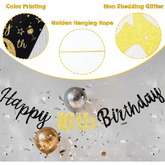 16th Birthday Decorations Banner Boys Girls, Black Gold Happy 16thBirthday Banners for Girls Boys (Birthday 16th)