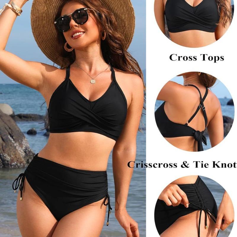 2-Piece Split Swimsuit Drawstring Bikini Cross Strap Sexy Swimsuit Set Solid Color Bikini Set