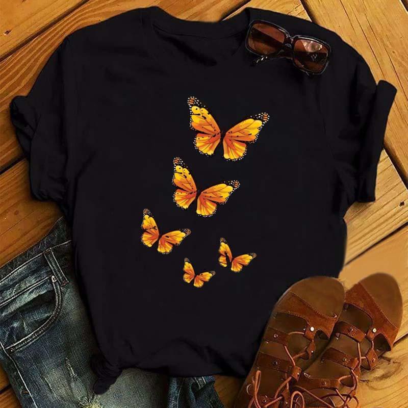 Summer Butterfly Print Plus Size Loose Round Neck Pure Cotton Short Sleeved Top T-Shirts Women’s Tees