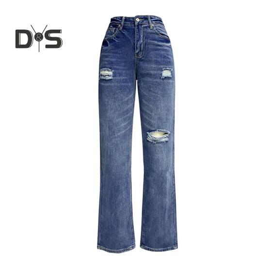 Damen-Jeans mit Taschen, hoher Taille, zerrissen, einfarbig, lange Hose, gerade Hose mit weitem Bein für den täglichen Weg zur Arbeit