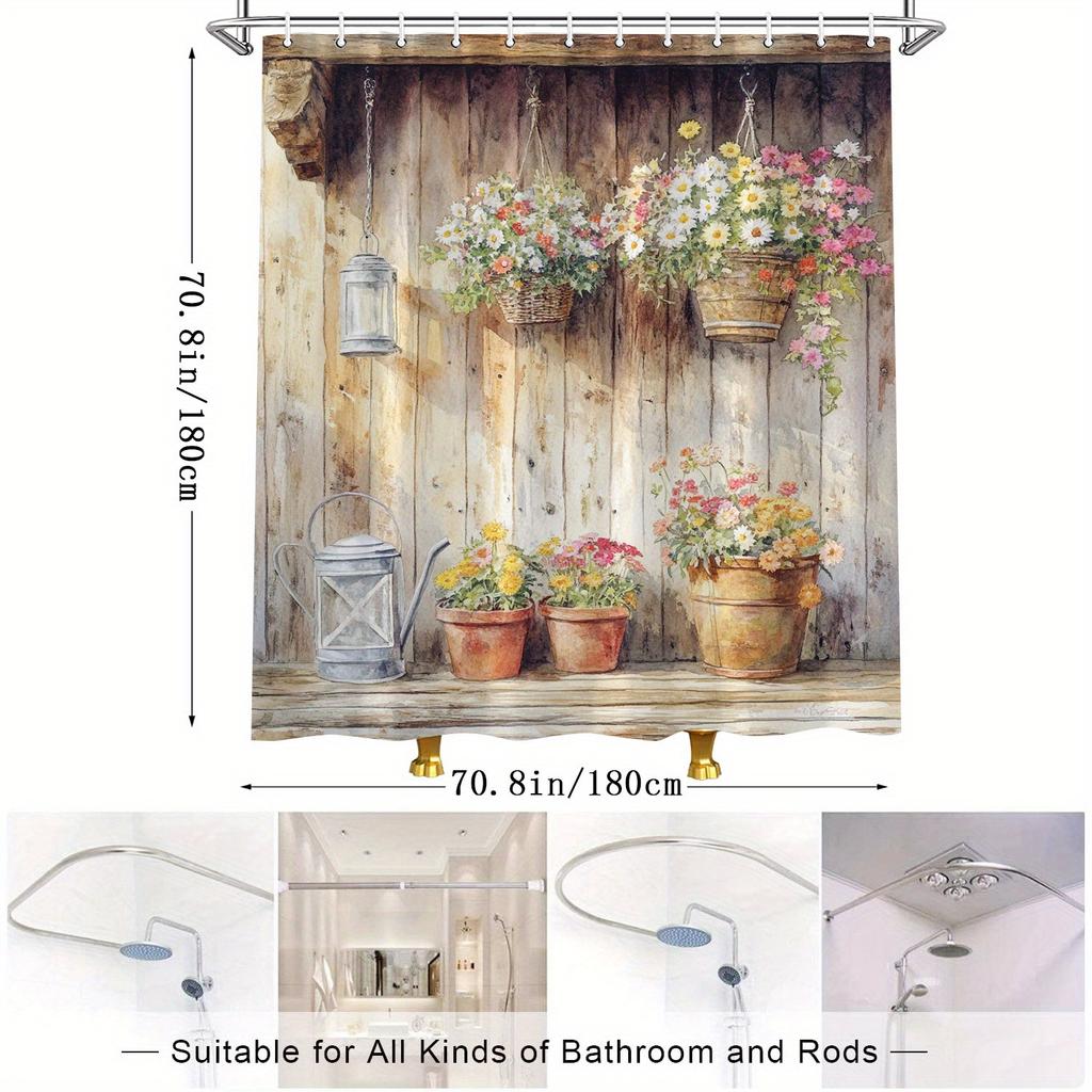 Vintage Garden Shower Curtain - Hanging Flower Baskets, Vibrant Flowers, Lanterns, Potted Plants,Ideal Bathroom Decor