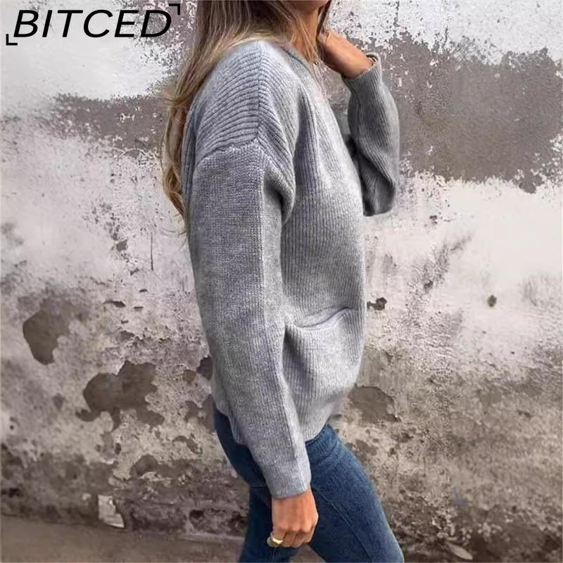 BITCED Autumn/Winter Women's Casual Fashion Solid-Colour Pocket Cardigan Jacket