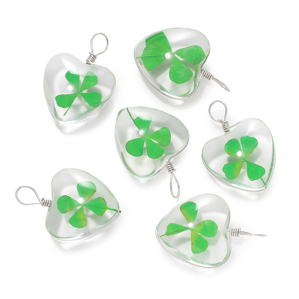 5pcs Green Lucky Four Leaf Clover Pendant Handmade Glass Dry Flower Four Leaf Clover Ornament DIY Necklace Craft Jewelry Making