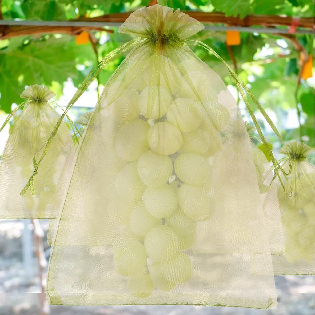 100/200Pcs Fruit Protection Bags Fine Mesh Organza Plant Grow Bags with Drawstring Garden Anti-Bird Netting Mesh Bag Garden Tool
