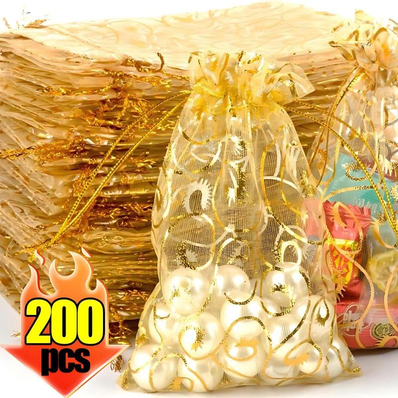 200/10PCS Gold Organza Drawstring Gift Bags Mini Earring Jewelry Pouches Wedding Christmas Party Favor Wrapping Packing Supplies