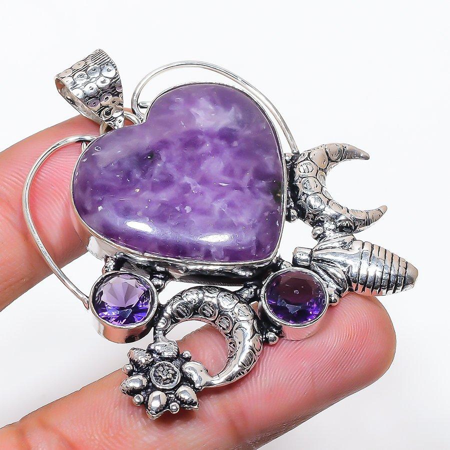 Natural Lepidolite, Amethyst Gemstone 925 Sterling Silver Pendant 2.17 AP-14117