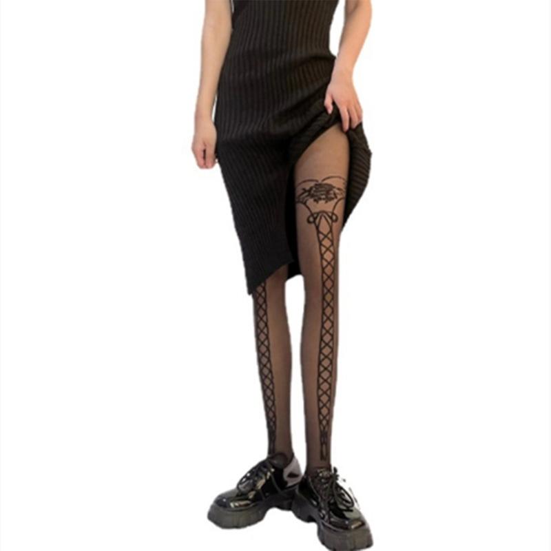 Sexy Women Faux Thigh High Socks Pantyhose Japanese JK Cute Jacquard Pattern Patchwork Stockings Mock Suspender Tights