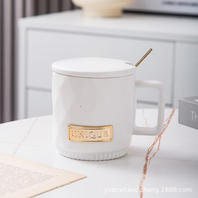 

Cross border Nordic diamond diamond lattice ceramic mug simple white tie lid spoon coffee mug office home cup 360ml