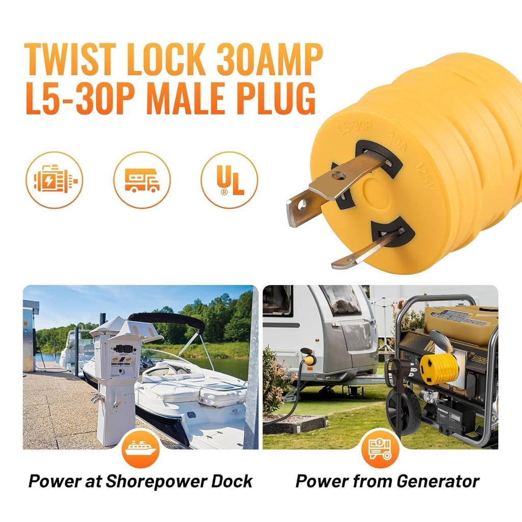 MECMO NEMA L5-30P To TT-30R 30 Amp RV Adapter UL Listed, Portable Compact Adaptor, 3 Prong 30A 125V Twist Locking Generator Plug L5-30 To TT-30 For
