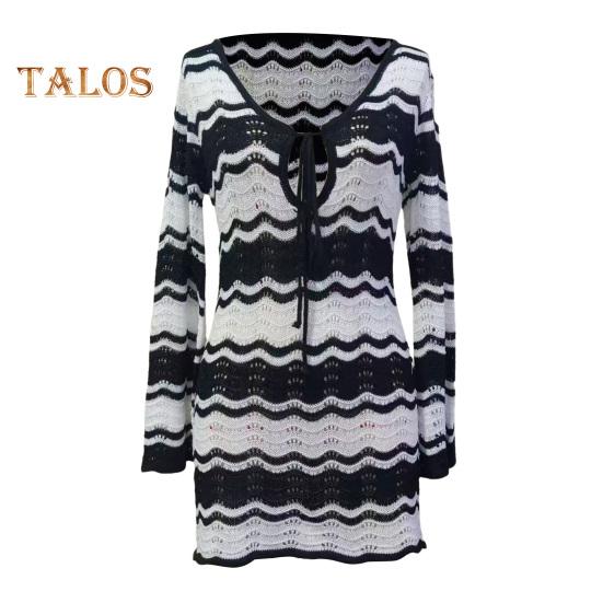 Women's Swimwear Cover-Up Striped Crochet Hollow Out Mesh Beach Dress V-Neck Tie Front Long Sleeve Summer Bathing Suit for Beach Vacation