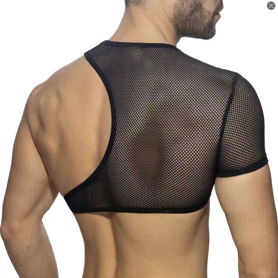 Top Erotico da Uomo Nero Rete Traforato Monospalla Senza Seno Manica Corta Pelle Verniciata Sexy Gilet
