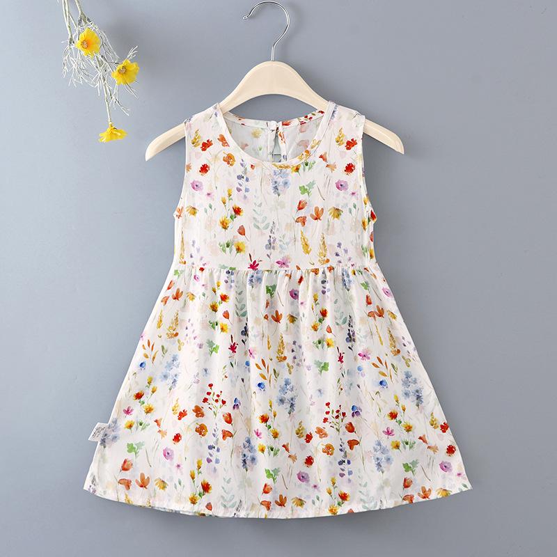 Girls' Floral Summer Princess Beach Dress, Cotton Silk Tank, A-line Skirt