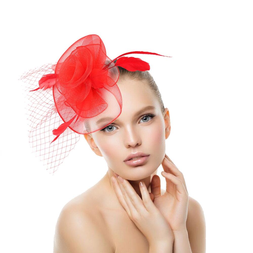 Ladies Gauze Hat Bridal Wedding Birdcage Fascinator Hair Accessory (Red)