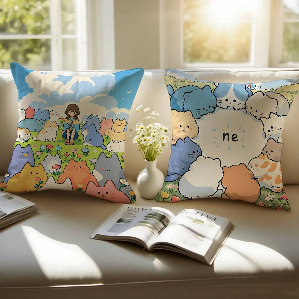 Cartoon Cute Cat Picture With Fresh Pillow Case Anti-dustmite Pillowcase Invisible Zipper Silky Short Plush Sofa Cushion Cover