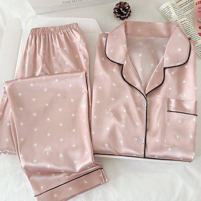 Japanese Sweet Girl Star Print Ice Silk Pajamas Women S Long-Sleeved Trousers Loungewear M