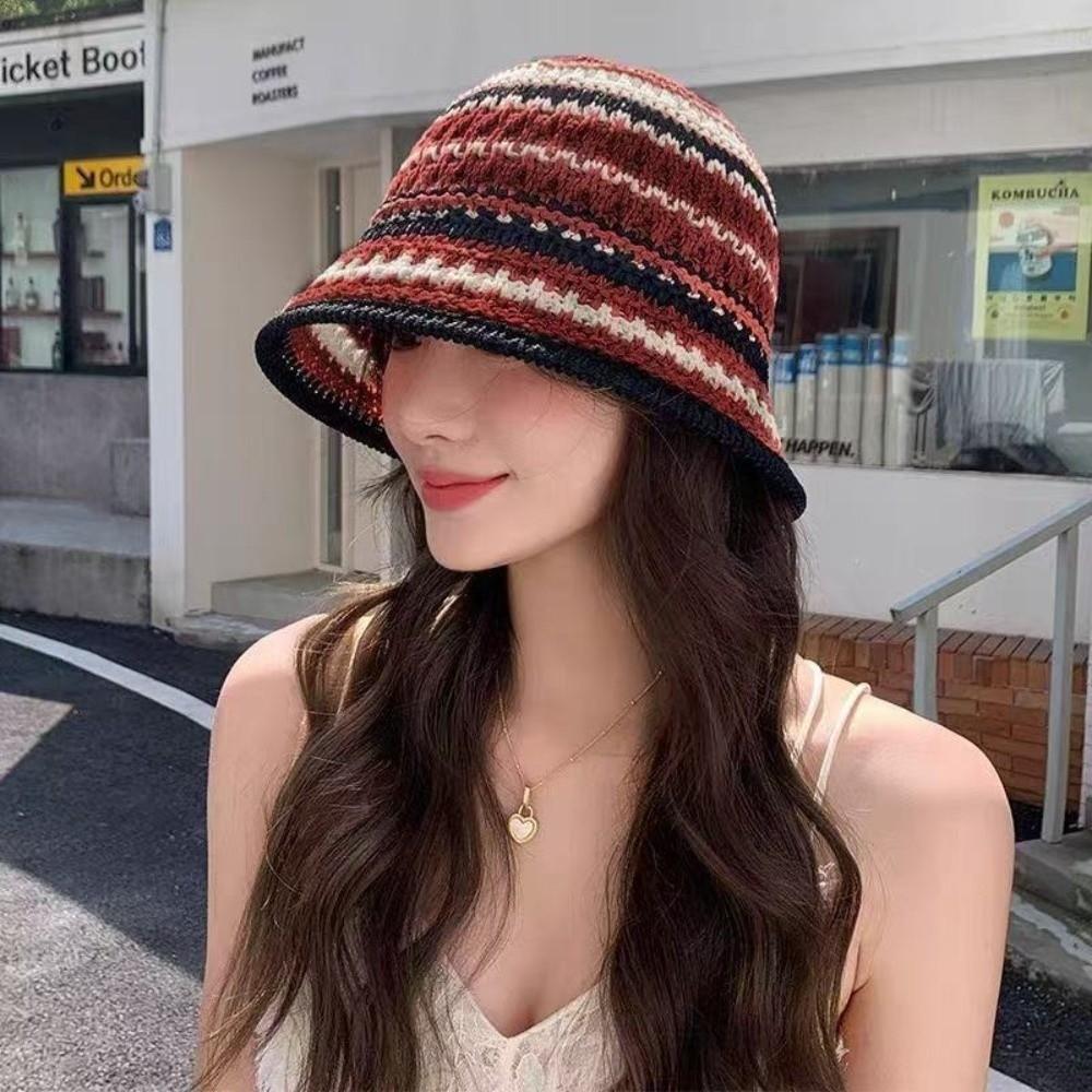 Fashion Striped Knitted Hollow Fisherman Hat Big Eaves UV Protection Straw Bucket Cap Multicolor Breathable Basin Hat Outdoor