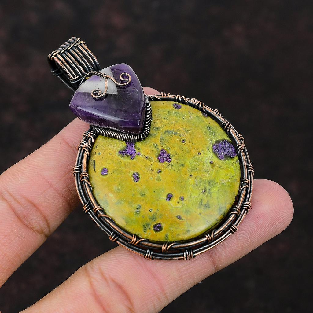Stichtite Pendant Copper Wire Wrapped Pendant Handmade Jewelry Dainty Gemstone Pendant Chevron Amethyst Copper Wire Jewelry Wrapping Pendant