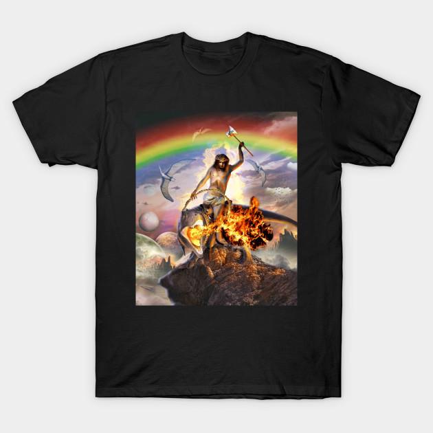 Men Black Print T-shirt Jesus Riding A Dinosaur No-Cut Transfer Paper Print Cotton Tshirt M