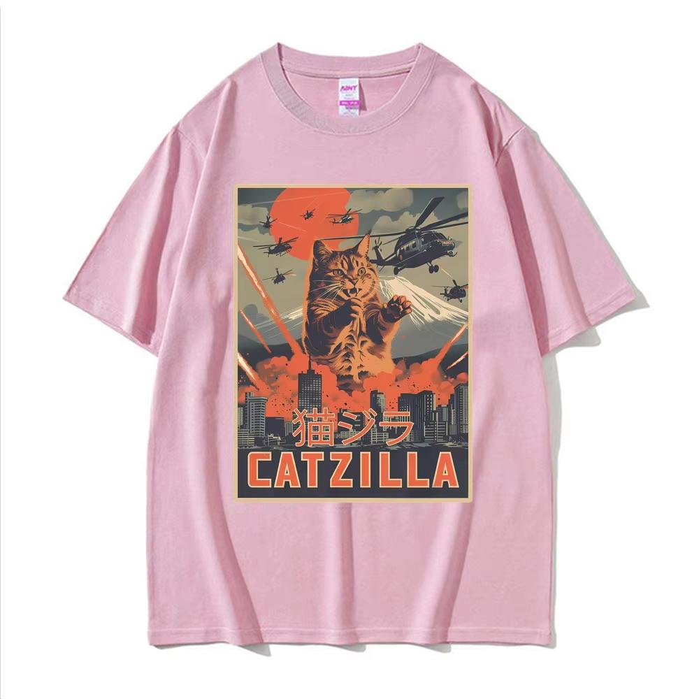 Lustiges Katzen-Meme Herrenhemd Y2k Japanische Catzilla Filmplakat Grafiken Oversized Damen Rundhals Kurzarm T-Shirt