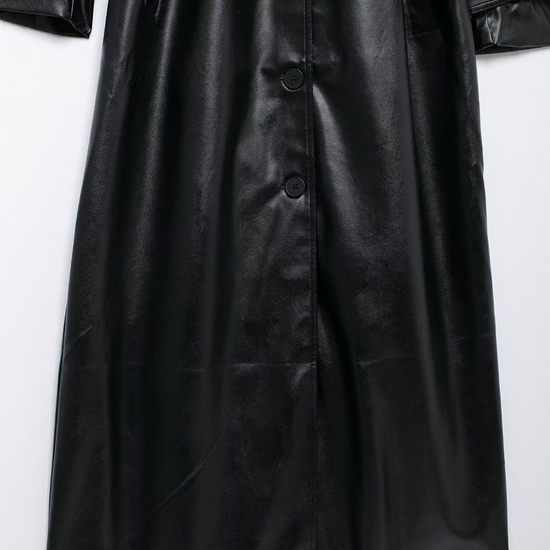 Kaslead New Arrival Women's Clothing Fashion Style Fashion Simple Lapel Loose with Belt Imitation Leather Trench Coat Outwear