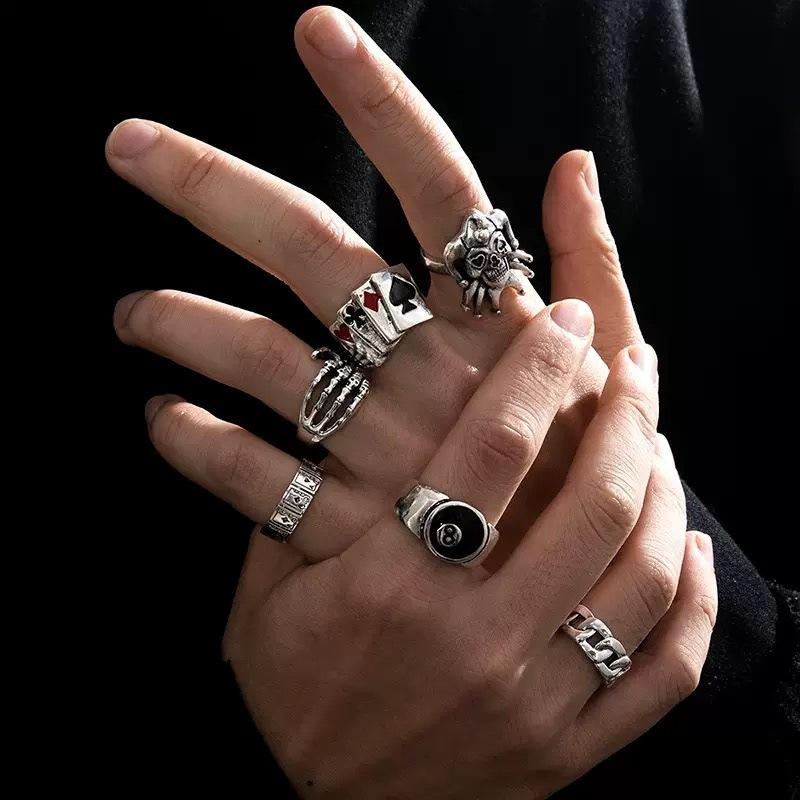 6Pcs Men Punk Poker Joker Silver Color Rings for Men Goth Skeleton Billiards Set Couple Emo New Fashion Jewelry Anillos Hombre