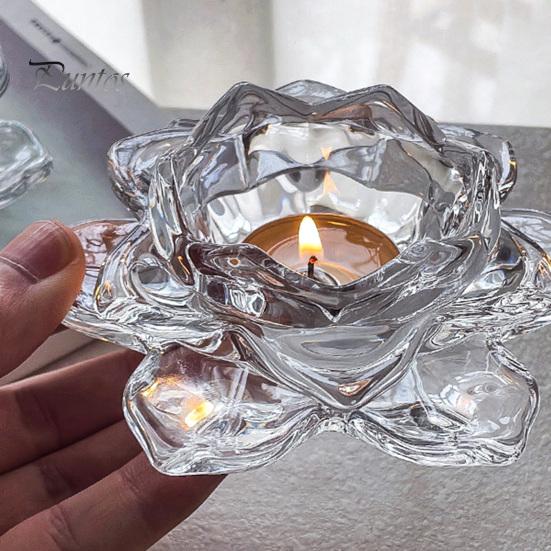 Decorative Glass Candle Holder Crystal Lotus Flower Tealight Holders, Tea Light Candlestick Decor Thick with Deep Grooved Plate, Multifunctional