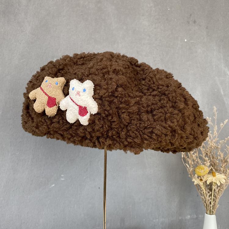 

Winter Cartoon Backpack Bear Parent-Child Painter Hat Lamb Wool Warm Beret Solid Color Cute Pumpkin Hat M（56-58cm） кавовий