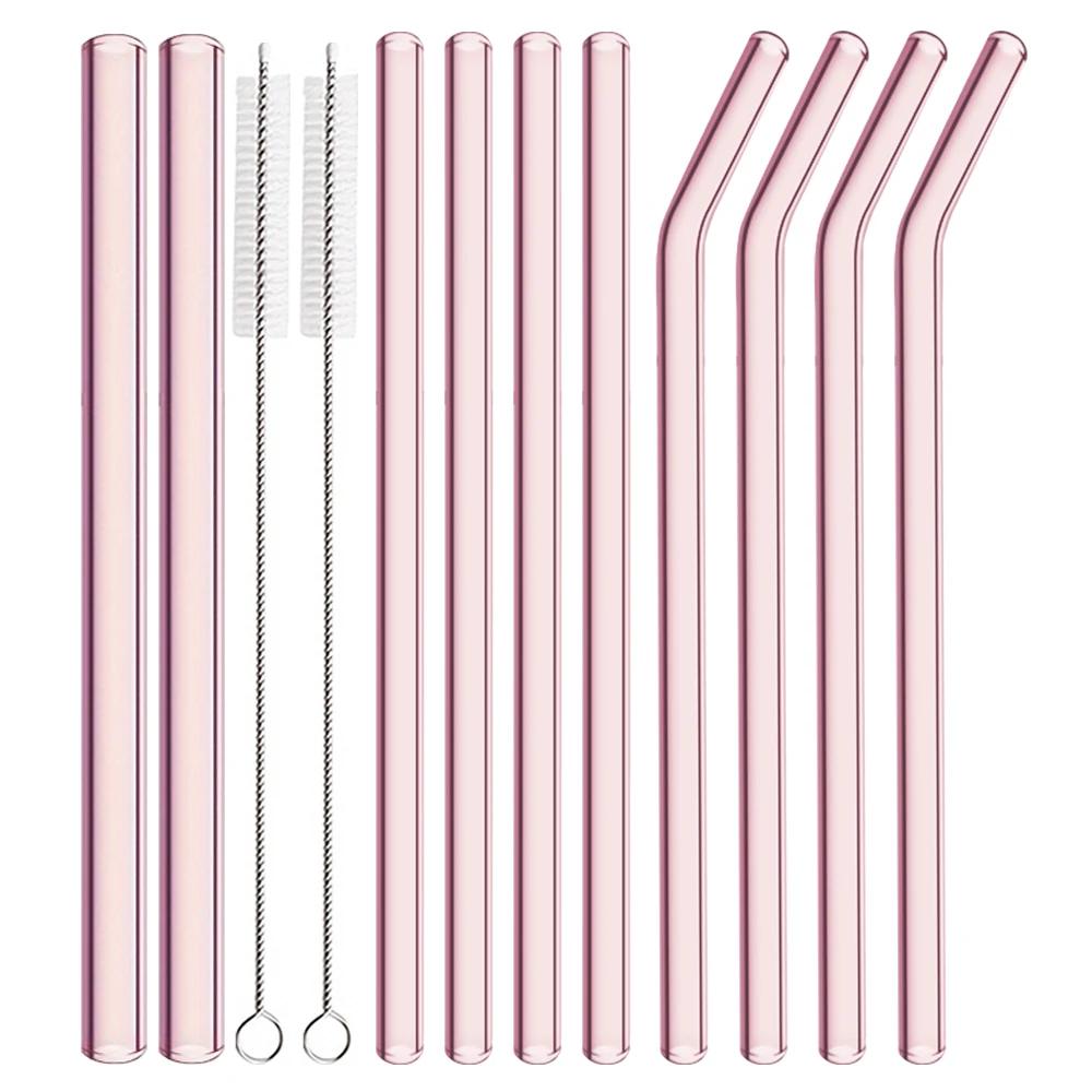 12Pcs Pink High Borosilicate Glass Straw Set Reusable Eco Friendly Drinking Straw for Smoothies Cocktails Bar Accessories