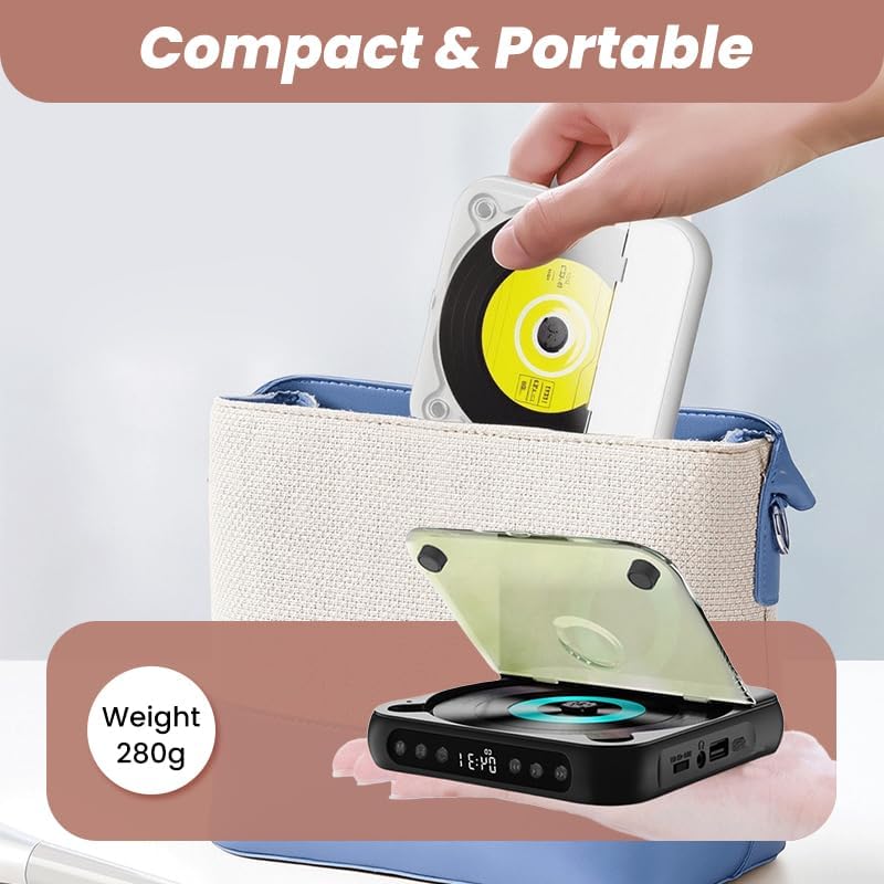 Portable CD Player with Bluetooth 5.3 – Hi-Fi Sound Rechargeable Battery, Supports CD/CD-R/CD-RW/MP3 Compact & Lightweight