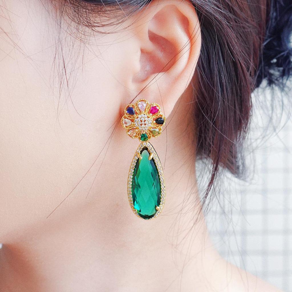 WWJ Unique Sense Of Plant Flower Design Long Light Green Pendant Earrings Heavy Industry Zircon Ladies Party Jewelry