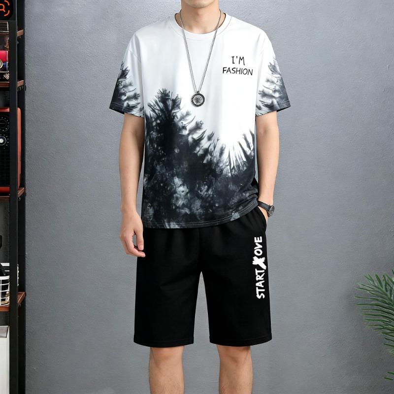 Men's Casual Short Sleeved T-shirt Set and Shorts, Summer Youth Quick Drying Oversized Round Neck Printed Sports Set