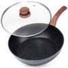 Frying Pan - VILDE - Black&;Wood - 28 Cm - Aluminium - Glass Lid - Granite Non-stick