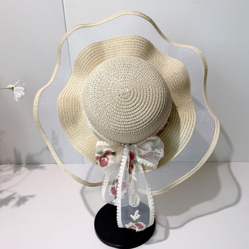 Wave edge flower woven straw hat women's summer seaside vacation sun hat large brim shading sun protection hat